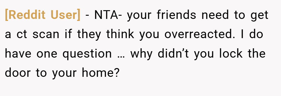 [Reddit User] − NTA- your friends need to get a ct scan if they think you overreacted. I do have one question … why didn’t you lock the door to your home?