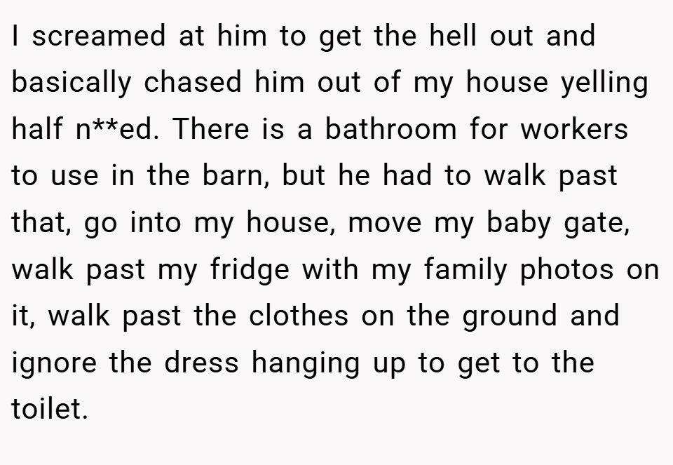 I screamed at him to get the hell out and basically chased him out of my house yelling half n**ed. There is a bathroom for workers to use in the barn, but he had to walk past that, go into my house, move my baby gate, walk past my fridge with my family photos on it, walk past the clothes on the ground and ignore the dress hanging up to get to the toilet.