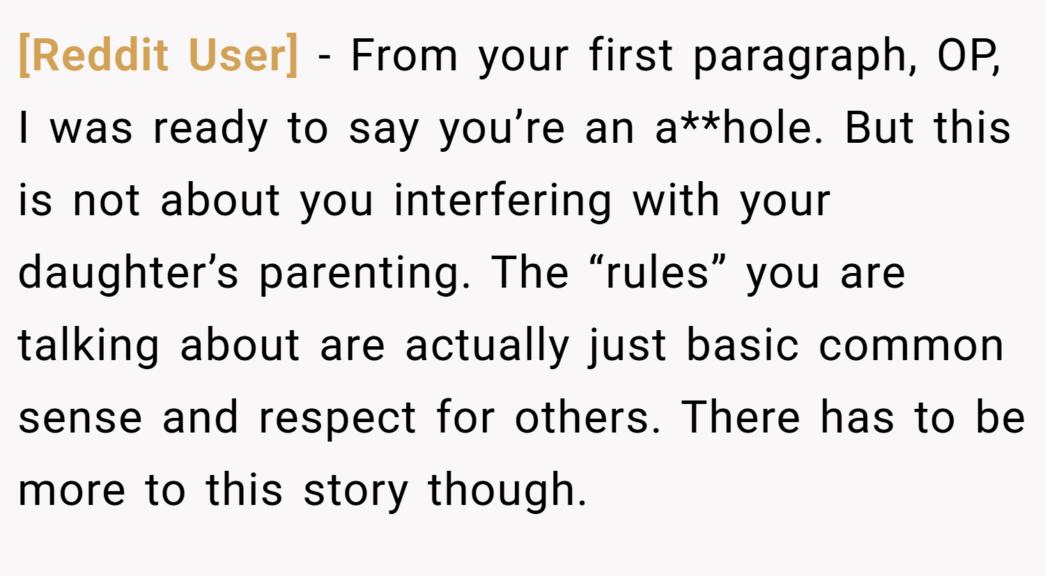 [Reddit User] − From your first paragraph, OP, I was ready to say you’re an a**hole. But this is not about you interfering with your daughter’s parenting. The “rules” you are talking about are actually just basic common sense and respect for others. There has to be more to this story though.