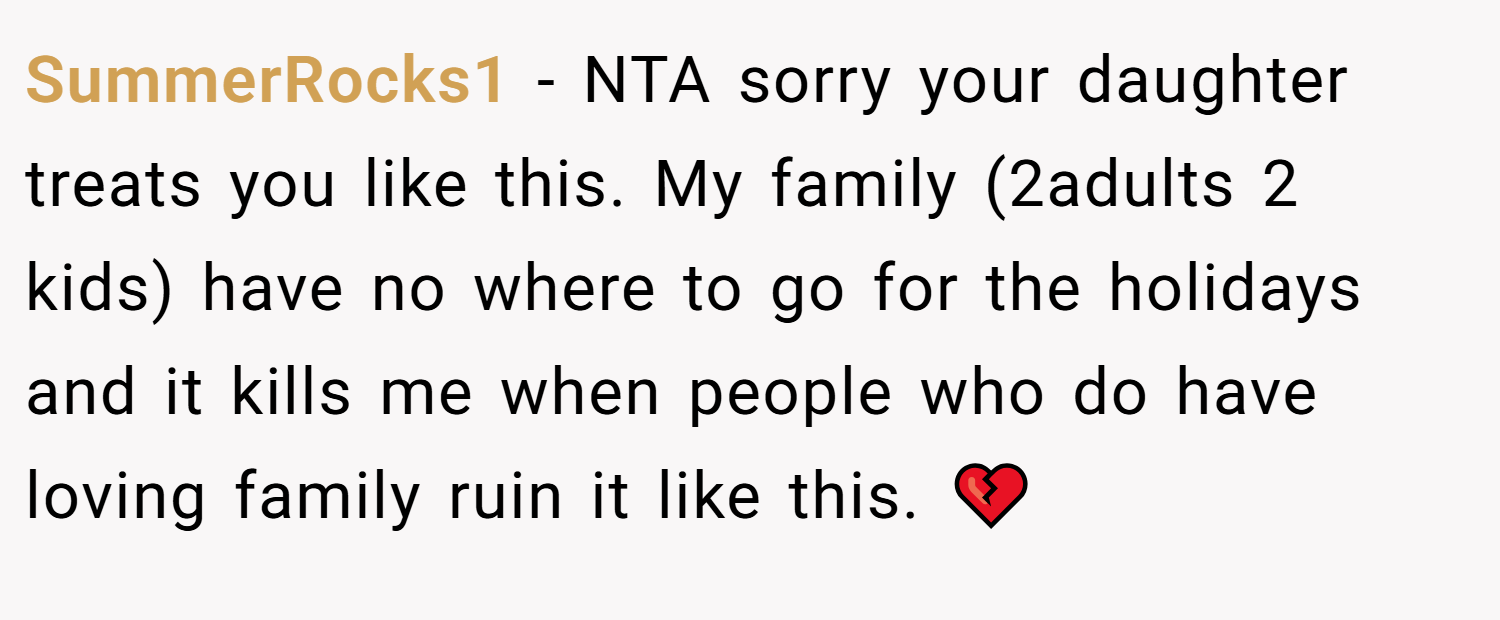 SummerRocks1 − NTA sorry your daughter treats you like this. My family (2adults 2 kids) have no where to go for the holidays and it kills me when people who do have loving family ruin it like this. 💔
