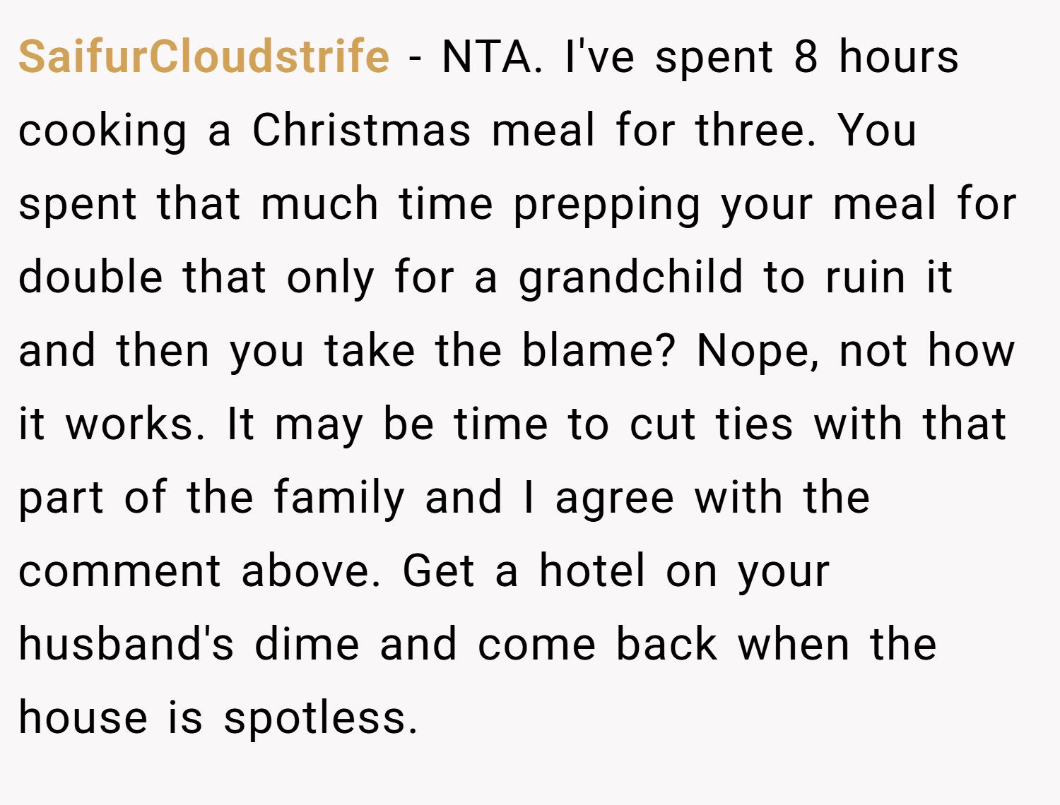 SaifurCloudstrife − NTA. I've spent 8 hours cooking a Christmas meal for three. You spent that much time prepping your meal for double that only for a grandchild to ruin it and then you take the blame? Nope, not how it works. It may be time to cut ties with that part of the family and I agree with the comment above. Get a hotel on your husband's dime and come back when the house is spotless.