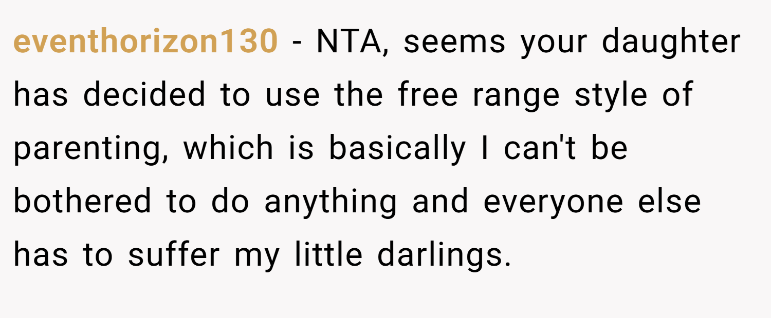 eventhorizon130 − NTA, seems your daughter has decided to use the free range style of parenting, which is basically I can't be bothered to do anything and everyone else has to suffer my little darlings.