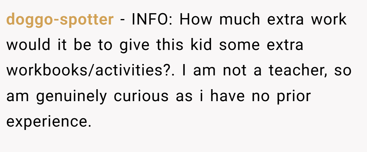 doggo-spotter - INFO: How much extra work would it be to give this kid some extra workbooks/activities?. I am not a teacher, so am genuinely curious as i have no prior experience.