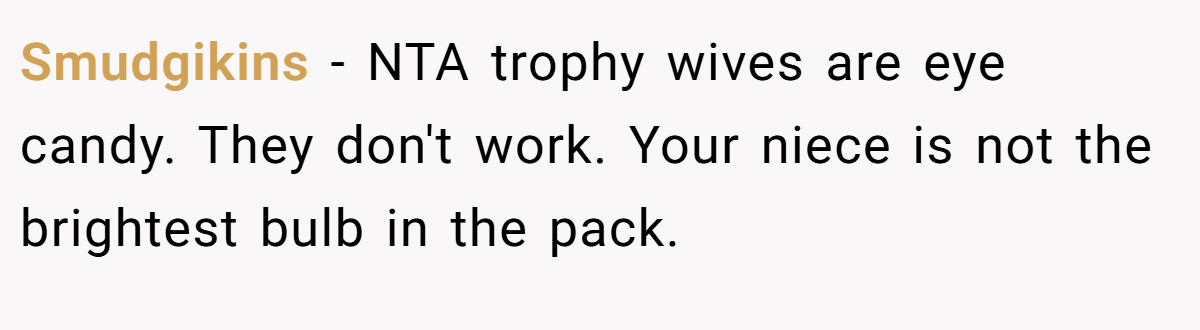 Smudgikins − NTA trophy wives are eye candy. They don't work. Your niece is not the brightest bulb in the pack.