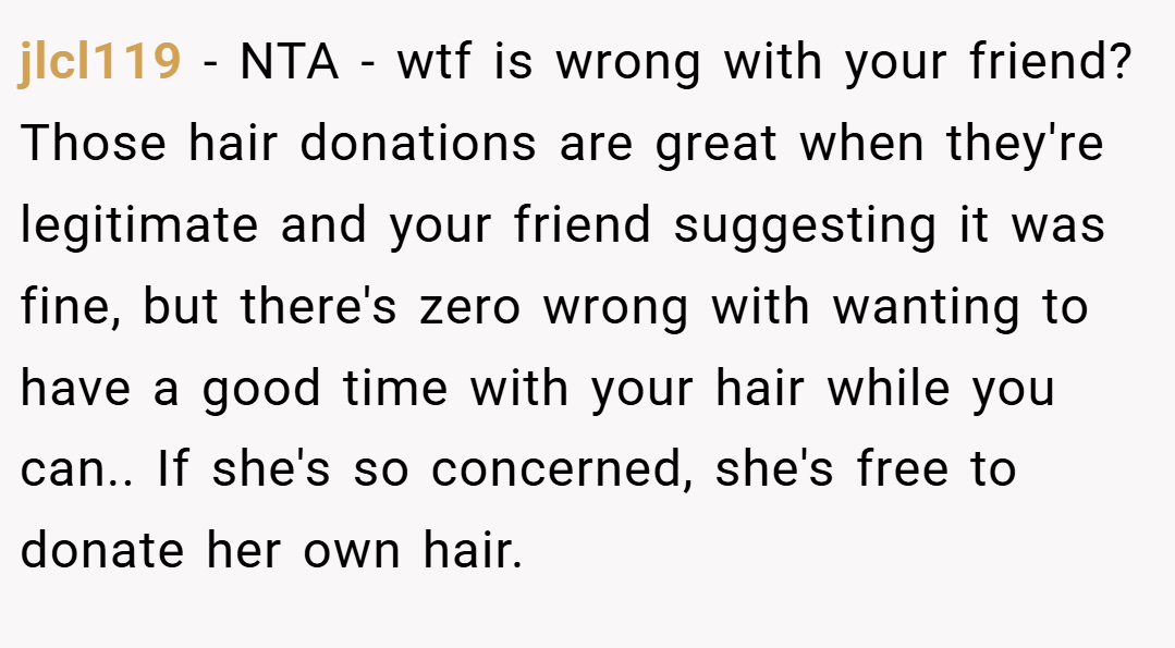 jlcl119 − NTA - wtf is wrong with your friend? Those hair donations are great when they're legitimate and your friend suggesting it was fine, but there's zero wrong with wanting to have a good time with your hair while you can.. If she's so concerned, she's free to donate her own hair.