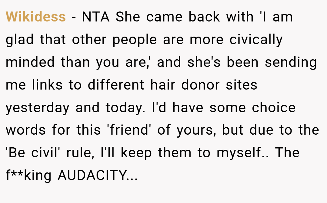 Wikidess − NTA She came back with 'I am glad that other people are more civically minded than you are,' and she's been sending me links to different hair donor sites yesterday and today. I'd have some choice words for this 'friend' of yours, but due to the 'Be civil' rule, I'll keep them to myself.. The f**king AUDACITY...