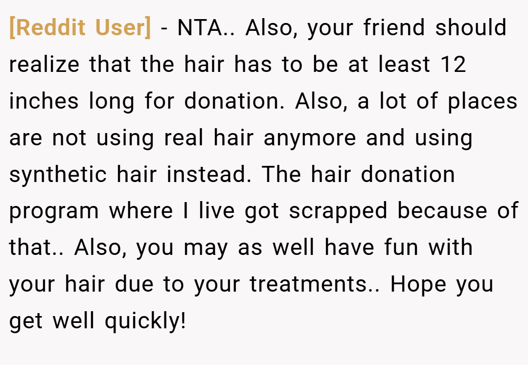[Reddit User] − NTA.. Also, your friend should realize that the hair has to be at least 12 inches long for donation. Also, a lot of places are not using real hair anymore and using synthetic hair instead. The hair donation program where I live got scrapped because of that.. Also, you may as well have fun with your hair due to your treatments.. Hope you get well quickly!