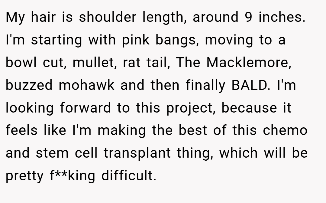 My hair is shoulder length, around 9 inches. I'm starting with pink bangs, moving to a bowl cut, mullet, rat tail, The Macklemore, buzzed mohawk and then finally BALD. I'm looking forward to this project, because it feels like I'm making the best of this chemo and stem cell transplant thing, which will be pretty f**king difficult.
