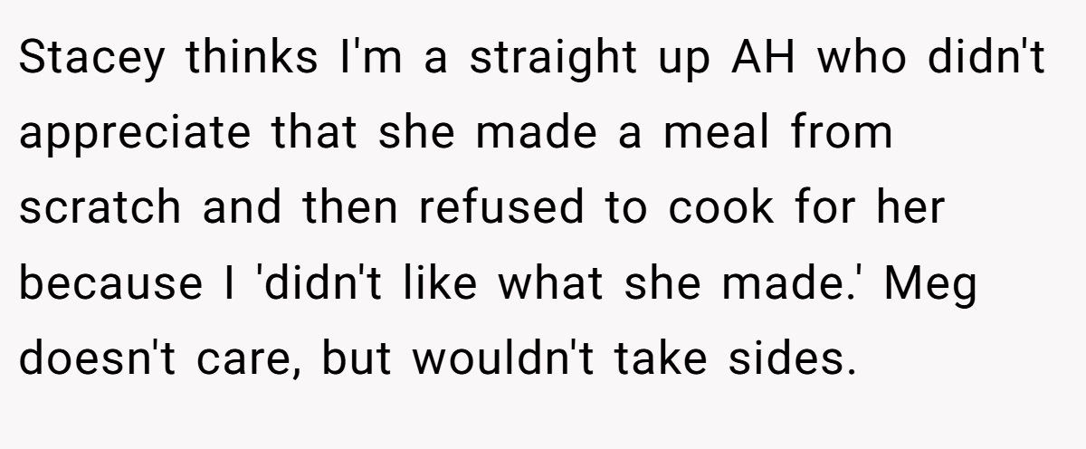 Stacey thinks I'm a straight up AH who didn't appreciate that she made a meal from scratch and then refused to cook for her because I 'didn't like what she made.' Meg doesn't care, but wouldn't take sides.