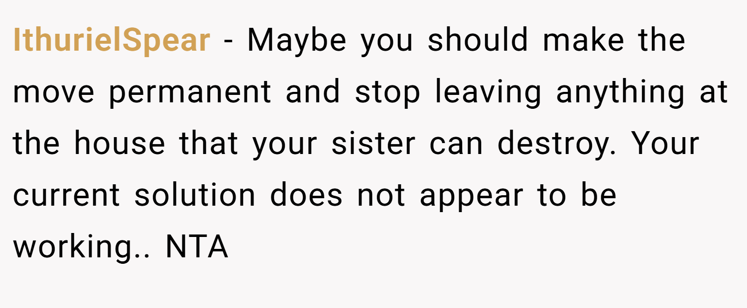IthurielSpear − Maybe you should make the move permanent and stop leaving anything at the house that your sister can destroy. Your current solution does not appear to be working.. NTA