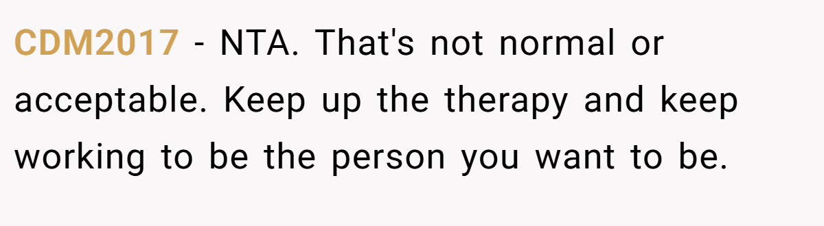 CDM2017 − NTA. That's not normal or acceptable. Keep up the therapy and keep working to be the person you want to be.