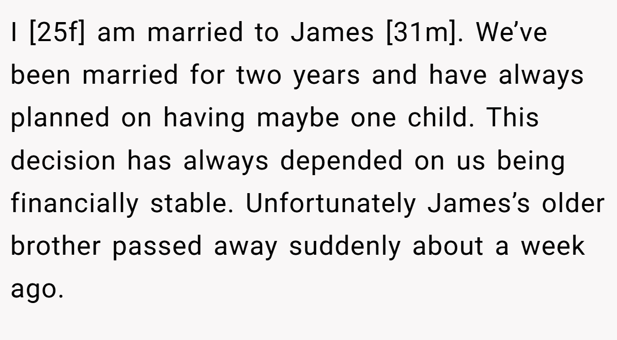 I [25f] am married to James [31m]. We’ve been married for two years and have always planned on having maybe one child. This decision has always depended on us being financially stable. Unfortunately James’s older brother passed away suddenly about a week ago.