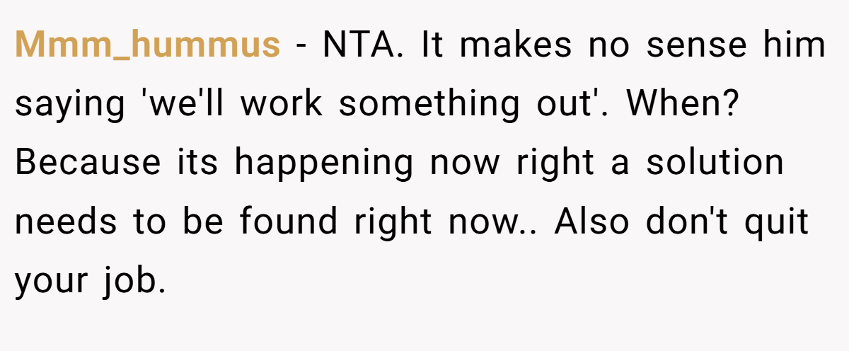 Mmm_hummus - NTA. It makes no sense him saying 'we'll work something out'. When? Because its happening now right a solution needs to be found right now.. Also don't quit your job.