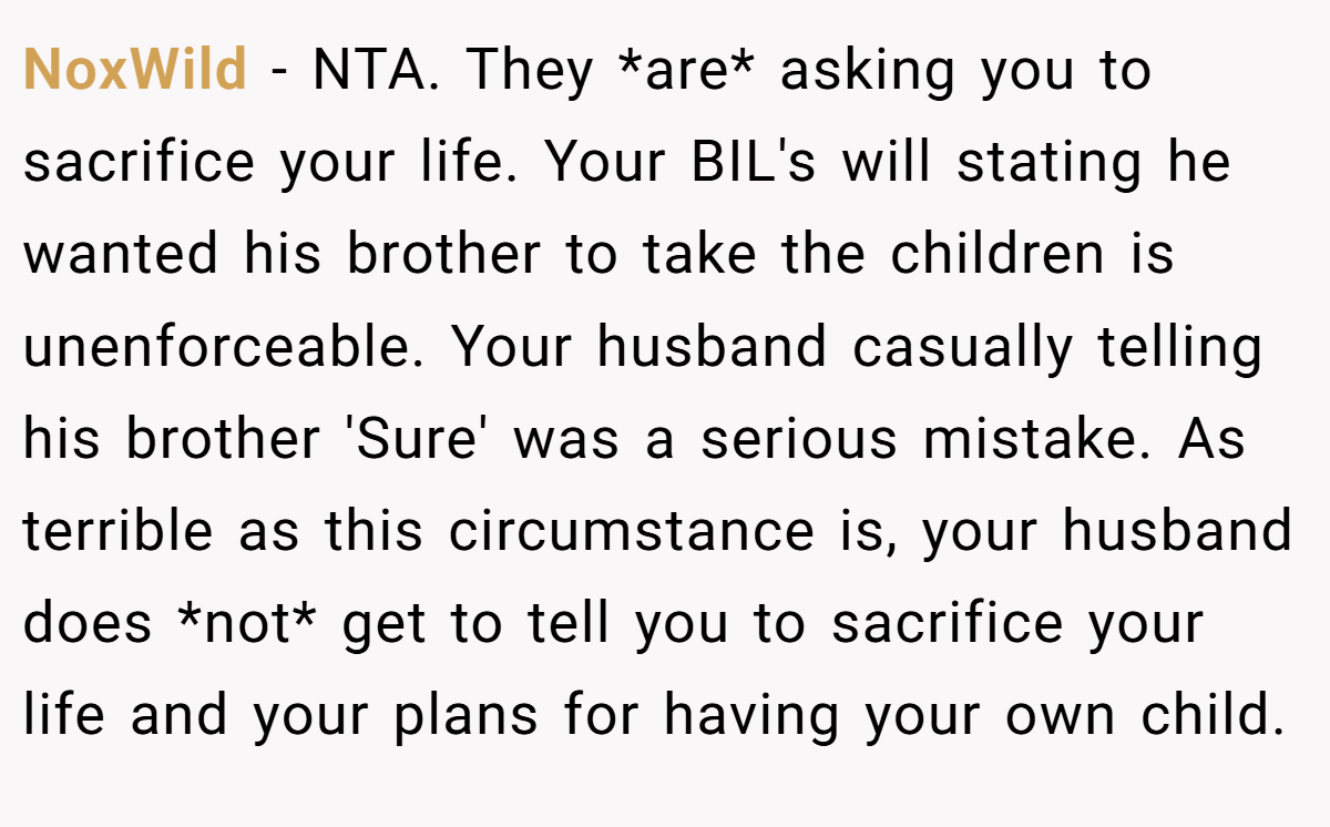 NoxWild - NTA. They *are* asking you to sacrifice your life. Your BIL's will stating he wanted his brother to take the children is unenforceable. Your husband casually telling his brother 'Sure' was a serious mistake. As terrible as this circumstance is, your husband does *not* get to tell you to sacrifice your life and your plans for having your own child.