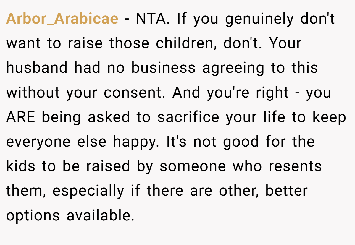 Arbor_Arabicae - NTA. If you genuinely don't want to raise those children, don't. Your husband had no business agreeing to this without your consent. And you're right - you ARE being asked to sacrifice your life to keep everyone else happy. It's not good for the kids to be raised by someone who resents them, especially if there are other, better options available.