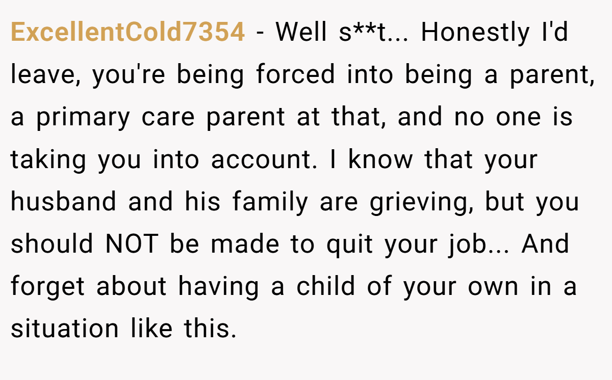 ExcellentCold7354 - Well s**t... Honestly I'd leave, you're being forced into being a parent, a primary care parent at that, and no one is taking you into account. I know that your husband and his family are grieving, but you should NOT be made to quit your job... And forget about having a child of your own in a situation like this.