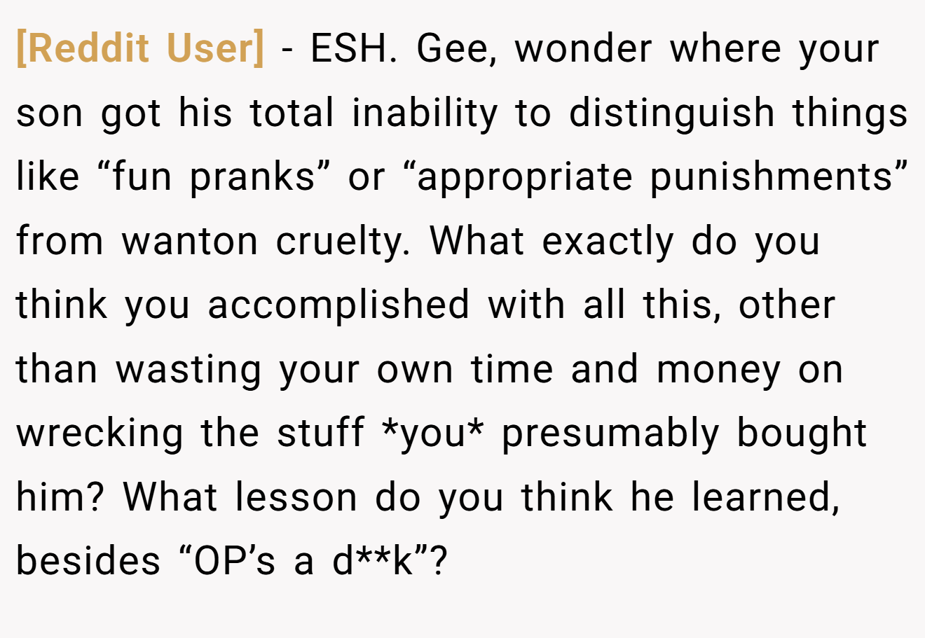 [Reddit User] - ESH. Gee, wonder where your son got his total inability to distinguish things like “fun pranks” or “appropriate punishments” from wanton cruelty. What exactly do you think you accomplished with all this, other than wasting your own time and money on wrecking the stuff *you* presumably bought him? What lesson do you think he learned, besides “OP’s a d**k”?