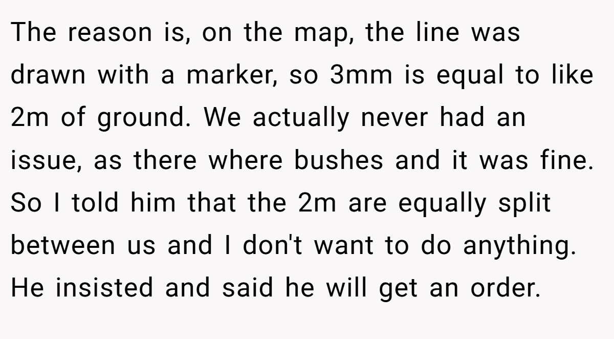 The reason is, on the map, the line was drawn with a marker, so 3mm is equal to like 2m of ground. We actually never had an issue, as there where bushes and it was fine. So I told him that the 2m are equally split between us and I don't want to do anything. He insisted and said he will get an order.