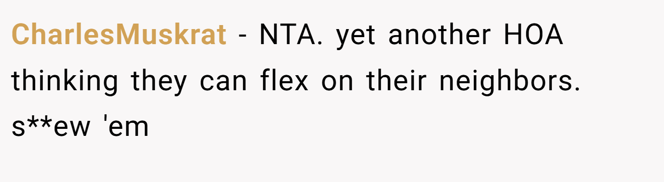 CharlesMuskrat - NTA. yet another HOA thinking they can flex on their neighbors. s**ew 'em