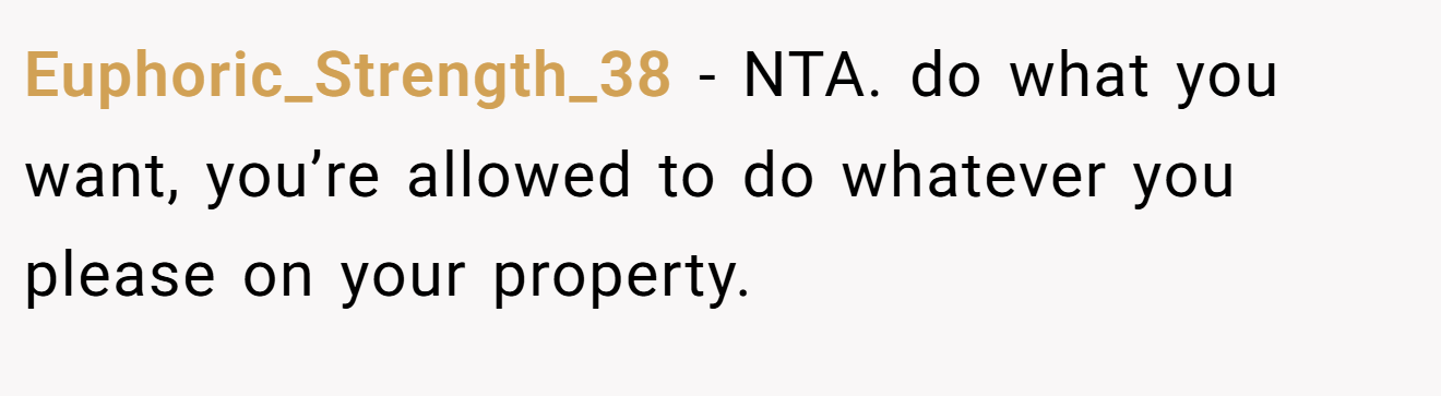 Euphoric_Strength_38 - NTA. do what you want, you’re allowed to do whatever you please on your property.
