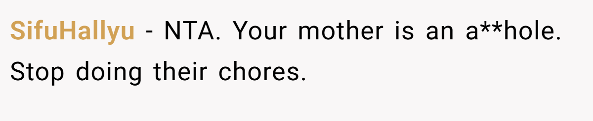 SifuHallyu − NTA. Your mother is an a**hole. Stop doing their chores.
