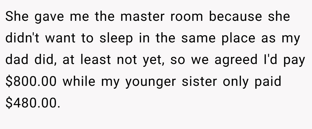 She gave me the master room because she didn't want to sleep in the same place as my dad did, at least not yet, so we agreed I'd pay $800.00 while my younger sister only paid $480.00.