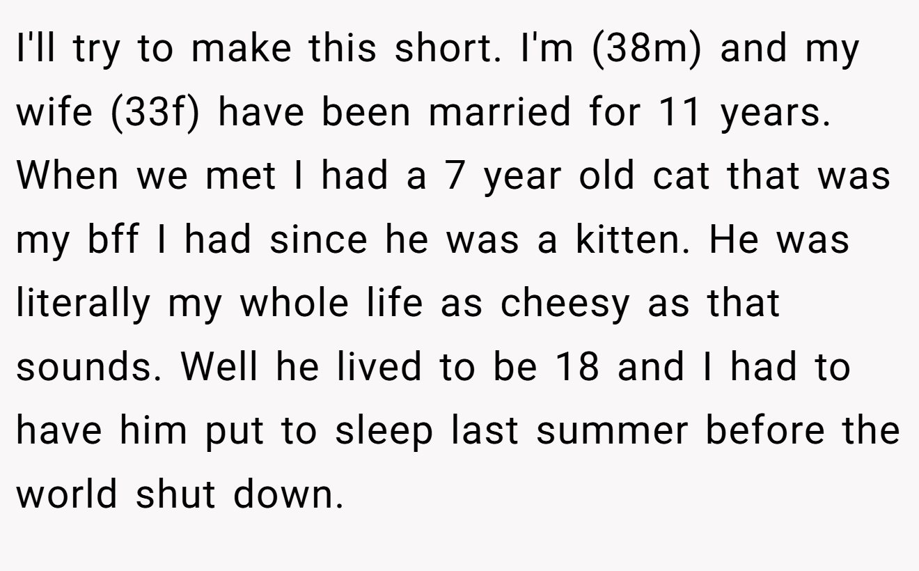 I'll try to make this short. I'm (38m) and my wife (33f) have been married for 11 years. When we met I had a 7 year old cat that was my bff I had since he was a kitten. He was literally my whole life as cheesy as that sounds. Well he lived to be 18 and I had to have him put to sleep last summer before the world shut down.