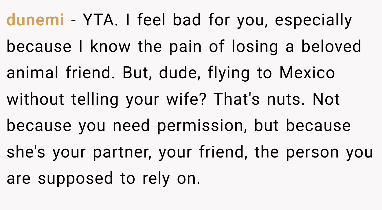 dunemi - YTA. I feel bad for you, especially because I know the pain of losing a beloved animal friend. But, dude, flying to Mexico without telling your wife? That's nuts. Not because you need permission, but because she's your partner, your friend, the person you are supposed to rely on.