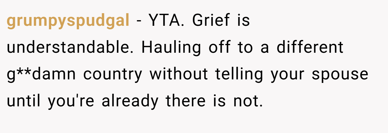 grumpyspudgal - YTA. Grief is understandable. Hauling off to a different g**damn country without telling your spouse until you're already there is not.
