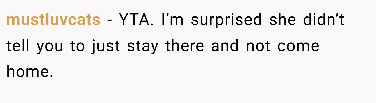 mustluvcats - YTA. I’m surprised she didn’t tell you to just stay there and not come home.