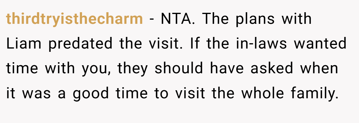 thirdtryisthecharm - NTA. The plans with Liam predated the visit. If the in-laws wanted time with you, they should have asked when it was a good time to visit the whole family.