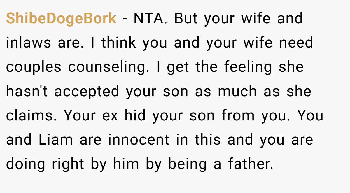 ShibeDogeBork - NTA. But your wife and inlaws are. I think you and your wife need couples counseling. I get the feeling she hasn't accepted your son as much as she claims. Your ex hid your son from you. You and Liam are innocent in this and you are doing right by him by being a father.