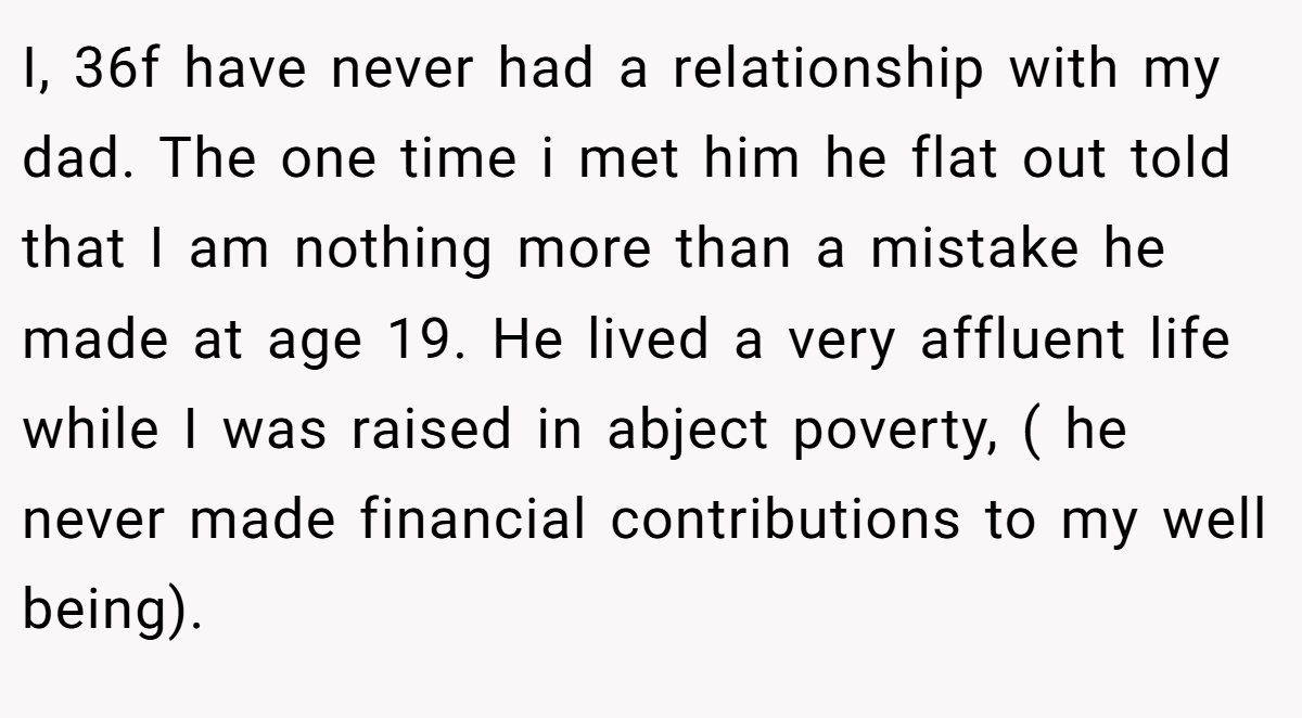 I, 36f have never had a relationship with my dad. The one time i met him he flat out told that I am nothing more than a mistake he made at age 19. He lived a very affluent life while I was raised in abject poverty, ( he never made financial contributions to my well being).