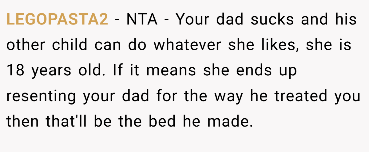 LEGOPASTA2 − NTA - Your dad sucks and his other child can do whatever she likes, she is 18 years old. If it means she ends up resenting your dad for the way he treated you then that'll be the bed he made.