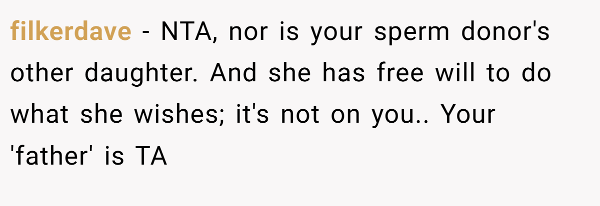 filkerdave − NTA, nor is your sperm donor's other daughter. And she has free will to do what she wishes; it's not on you.. Your 'father' is TA