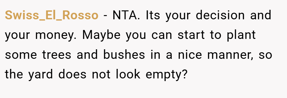 Swiss_El_Rosso − NTA. Its your decision and your money. Maybe you can start to plant some trees and bushes in a nice manner, so the yard does not look empty?
