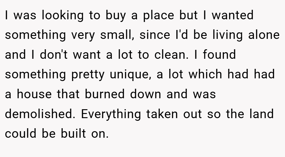 I was looking to buy a place but I wanted something very small, since I'd be living alone and I don't want a lot to clean. I found something pretty unique, a lot which had had a house that burned down and was demolished. Everything taken out so the land could be built on.