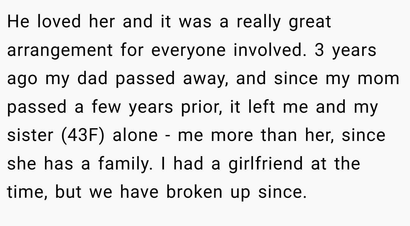 He loved her and it was a really great arrangement for everyone involved. 3 years ago my dad passed away, and since my mom passed a few years prior, it left me and my sister (43F) alone - me more than her, since she has a family. I had a girlfriend at the time, but we have broken up since.