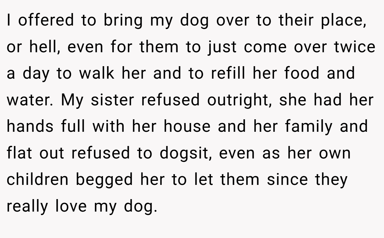 I offered to bring my dog over to their place, or hell, even for them to just come over twice a day to walk her and to refill her food and water. My sister refused outright, she had her hands full with her house and her family and flat out refused to dogsit, even as her own children begged her to let them since they really love my dog.