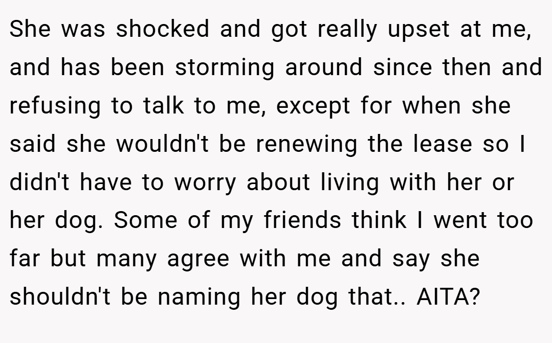 She was shocked and got really upset at me, and has been storming around since then and refusing to talk to me, except for when she said she wouldn't be renewing the lease so I didn't have to worry about living with her or her dog. Some of my friends think I went too far but many agree with me and say she shouldn't be naming her dog that.. AITA?