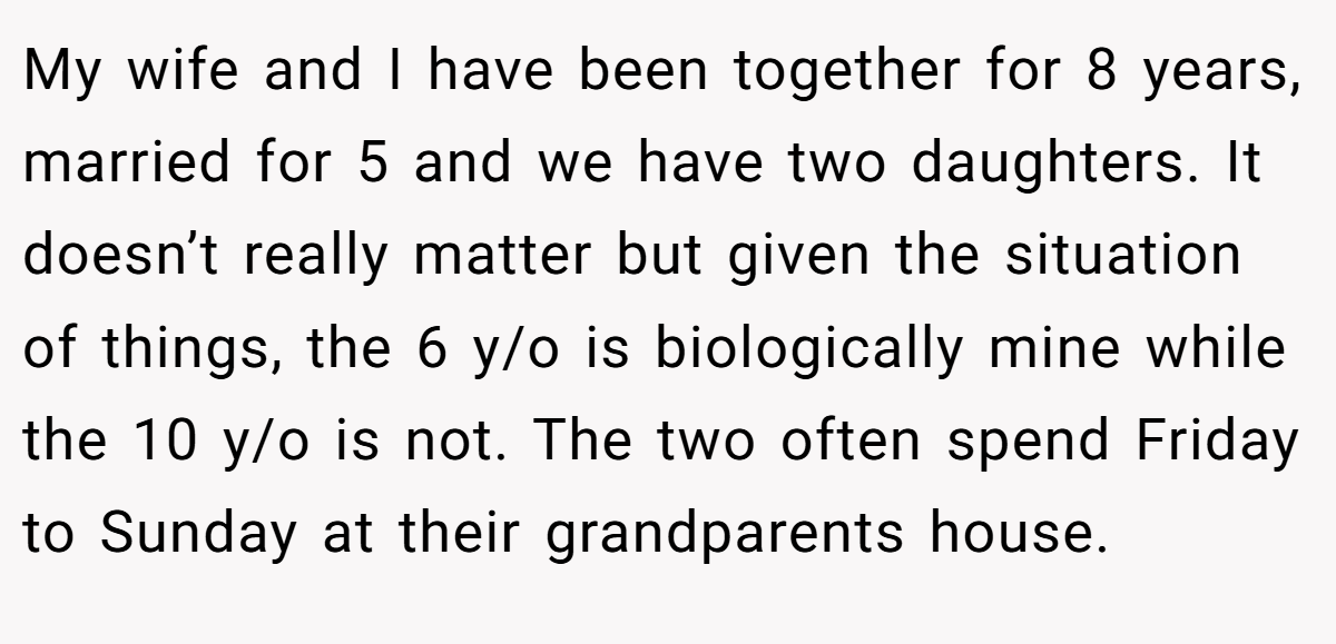 My wife and I have been together for 8 years, married for 5 and we have two daughters. It doesn’t really matter but given the situation of things, the 6 y/o is biologically mine while the 10 y/o is not. The two often spend Friday to Sunday at their grandparents house.