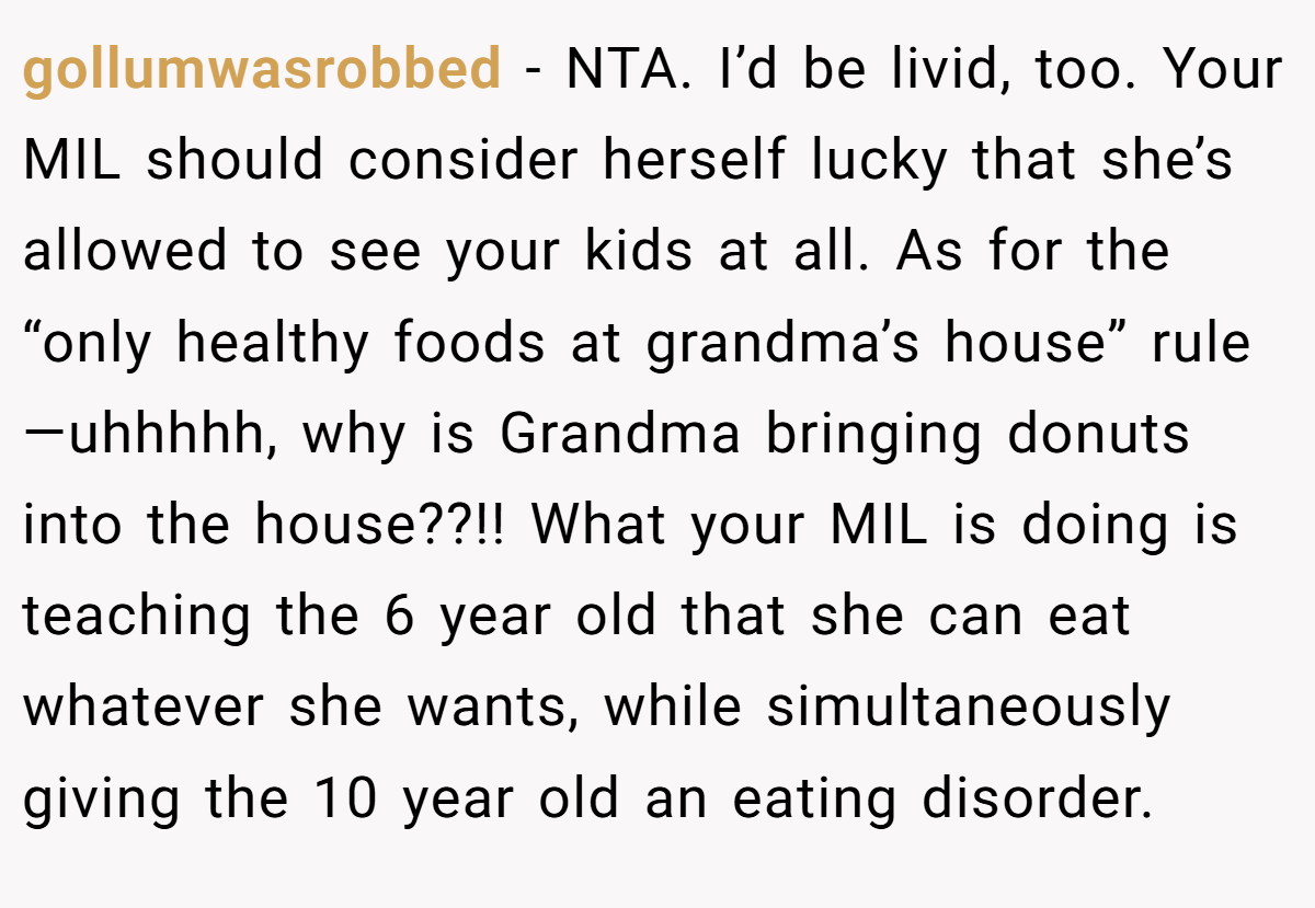 gollumwasrobbed - NTA. I’d be livid, too. Your MIL should consider herself lucky that she’s allowed to see your kids at all. As for the “only healthy foods at grandma’s house” rule—uhhhhh, why is Grandma bringing donuts into the house??!! What your MIL is doing is teaching the 6 year old that she can eat whatever she wants, while simultaneously giving the 10 year old an eating disorder.