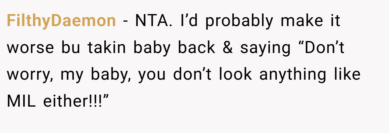FilthyDaemon - NTA. I’d probably make it worse bu takin baby back & saying “Don’t worry, my baby, you don’t look anything like MIL either!!!”