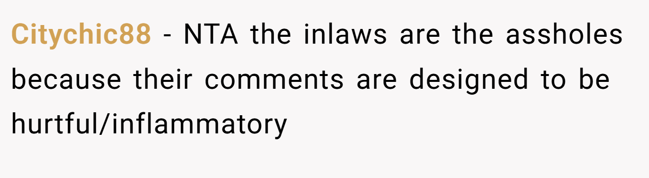 Citychic88 - NTA the inlaws are the assholes because their comments are designed to be hurtful/inflammatory