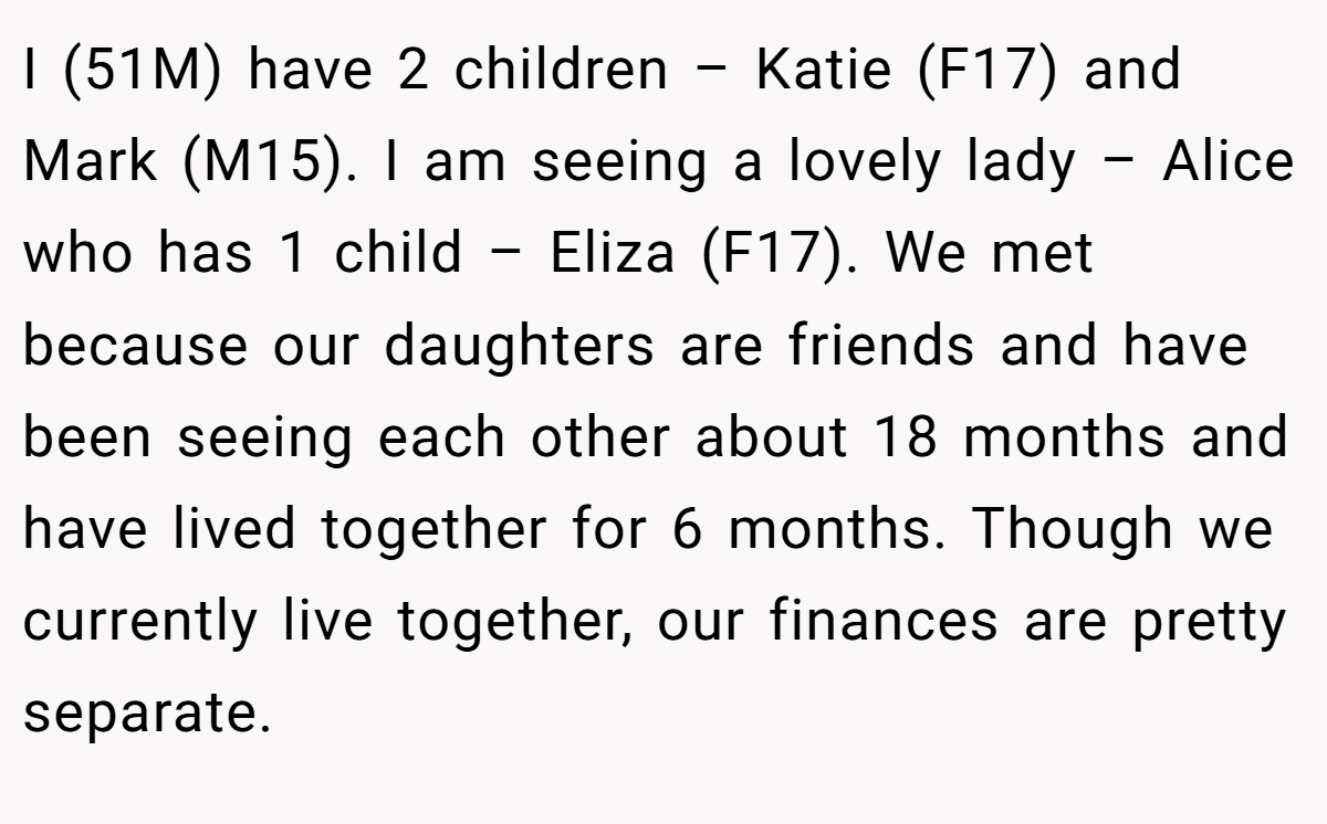 I (51M) have 2 children – Katie (F17) and Mark (M15). I am seeing a lovely lady – Alice who has 1 child – Eliza (F17). We met because our daughters are friends and have been seeing each other about 18 months and have lived together for 6 months. Though we currently live together, our finances are pretty separate.