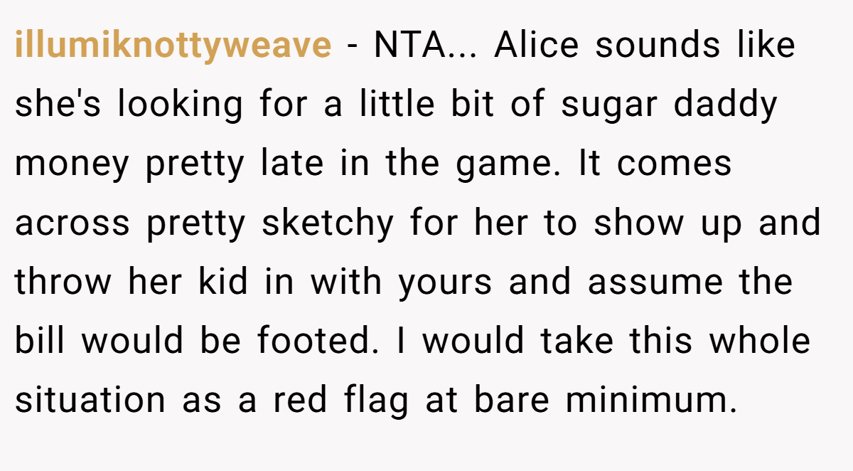 illumiknottyweave − NTA... Alice sounds like she's looking for a little bit of sugar daddy money pretty late in the game. It comes across pretty sketchy for her to show up and throw her kid in with yours and assume the bill would be footed. I would take this whole situation as a red flag at bare minimum.