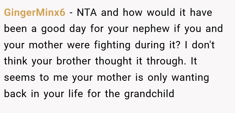 GingerMinx6 − NTA and how would it have been a good day for your nephew if you and your mother were fighting during it? I don't think your brother thought it through. It seems to me your mother is only wanting back in your life for the grandchild
