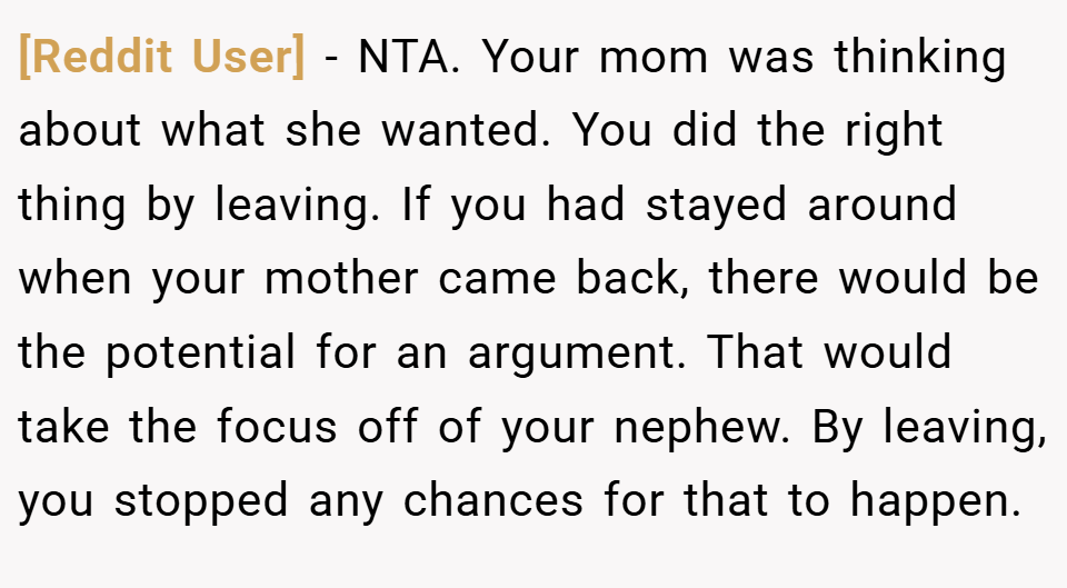 [Reddit User] − NTA. Your mom was thinking about what she wanted. You did the right thing by leaving. If you had stayed around when your mother came back, there would be the potential for an argument. That would take the focus off of your nephew. By leaving, you stopped any chances for that to happen.
