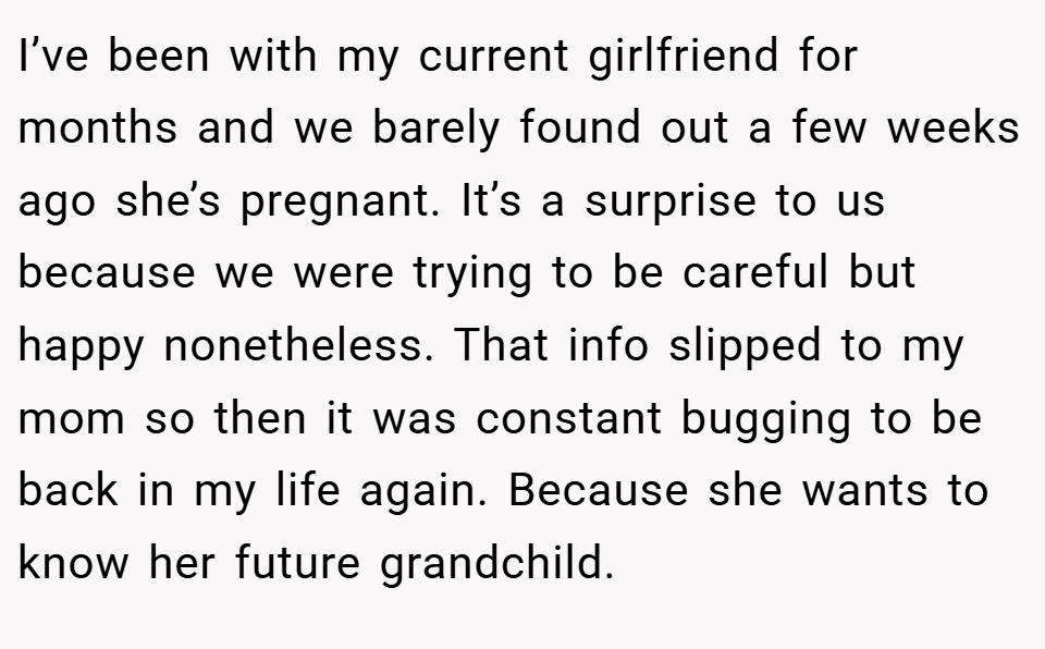I’ve been with my current girlfriend for months and we barely found out a few weeks ago she’s pregnant. It’s a surprise to us because we were trying to be careful but happy nonetheless. That info slipped to my mom so then it was constant bugging to be back in my life again. Because she wants to know her future grandchild.