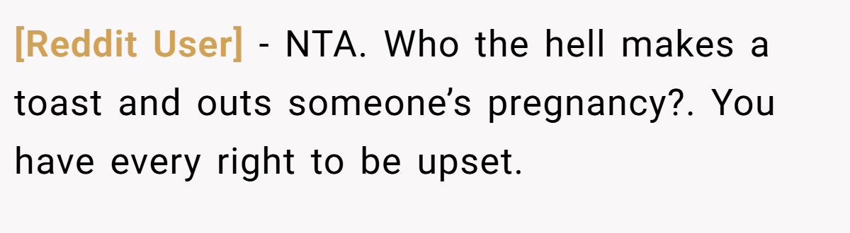 [Reddit User] − NTA. Who the hell makes a toast and outs someone’s pregnancy?. You have every right to be upset.